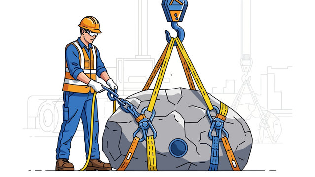 Construction worker secures a large rock being lifted by a crane