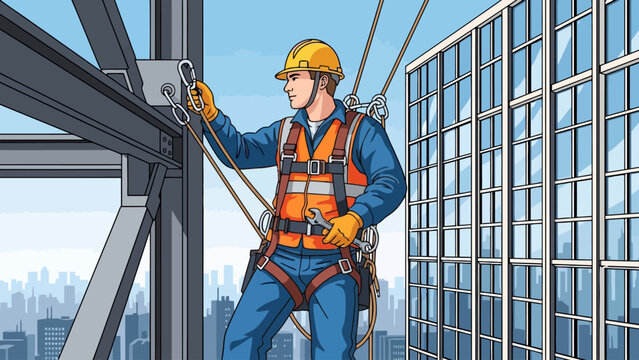 Construction worker wearing safety harness attaches rope to steel beam near a glass building