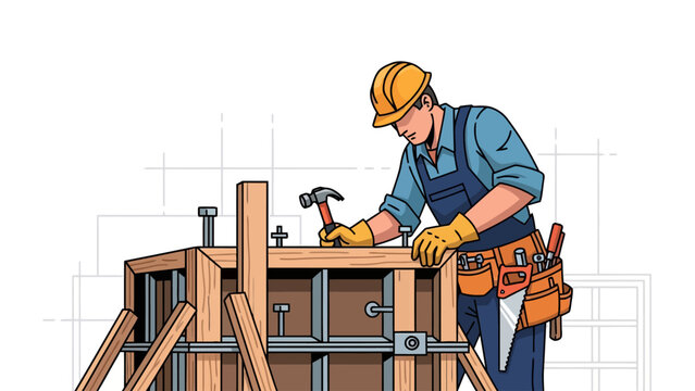 Construction worker with hammer assembling wooden formwork structure - Powered by Adobe