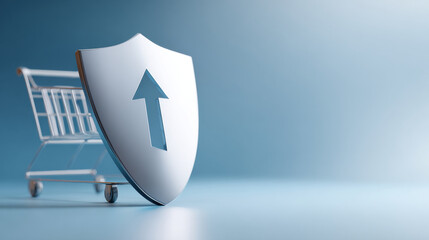 Metallic shield with upward arrow symbol leaning against empty shopping cart on blue gradient background