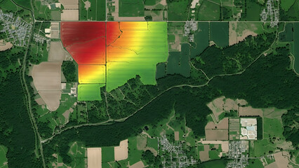 Aerial View of Agricultural Field with Heatmap Overlay Displaying Variable Soil Conditions and Crop Health