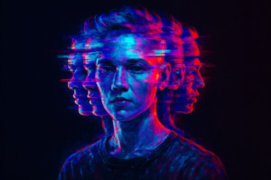 abstract portrait of a man with glitch effect and multiple faces