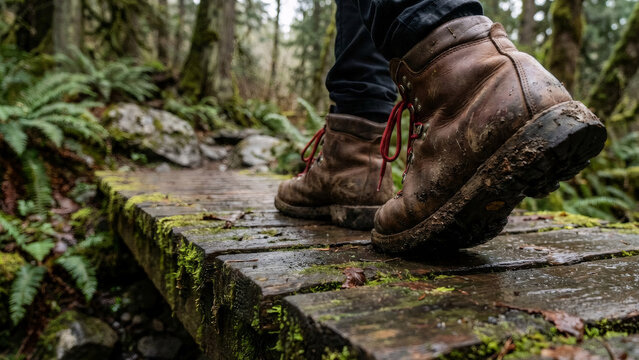 Man hiking on a mossy wooden trail in a lush green forest. Adventure and exploration in nature. Outdoor activity for tourism and healthy lifestyle. - Powered by Adobe