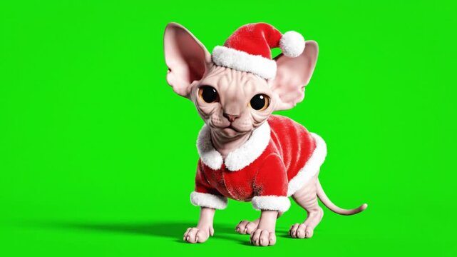 Sphynx cat wearing santa hat and suit standing against a vibrant green screen background image