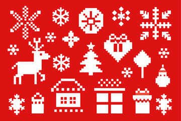 Pixel art christmas pattern with reindeer tree snowflakes and presents