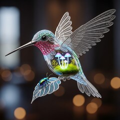 Fototapeta premium Intricate hummingbird design with glowing mushrooms and a tiny beetle, perfect for fantasy art, whimsical illustrations, and mystical themes