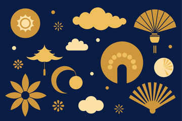 Elegant asian inspired geometric pattern with flowers clouds and fans in gold and blue