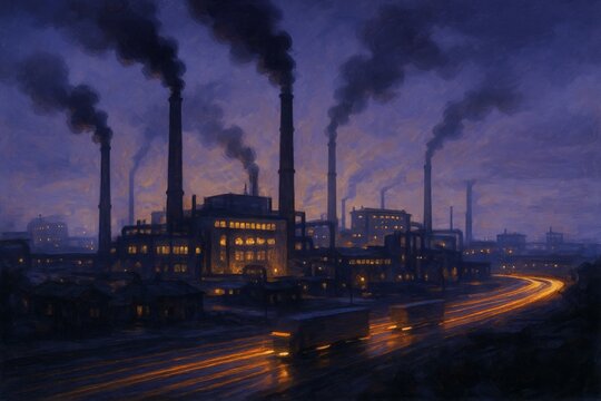 Industrial cityscape at dusk with factory chimneys and illuminated buildings