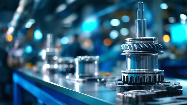 Transmission assembly view, workbench placement, professional repair shop, automotive component focus, mechanical system display, service environment setting, defocused tools backg