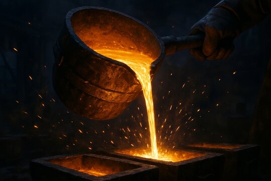 Molten metal being poured from a crucible into molds in a foundry