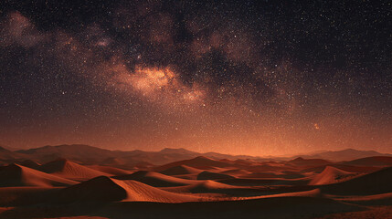 Obraz premium A stunning view of the night sky over a desert landscape, creating a sense of wonder and tranquility. The landscape is dominated by sand dunes under a starry sky. 