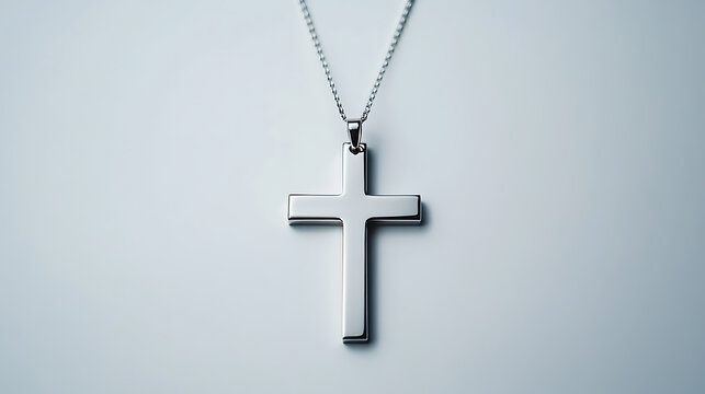 A close-up shot presents a polished, silver cross pendant suspended from a delicate chain. The cross contrasts against a light, neutral background, highlighting its sleek design.