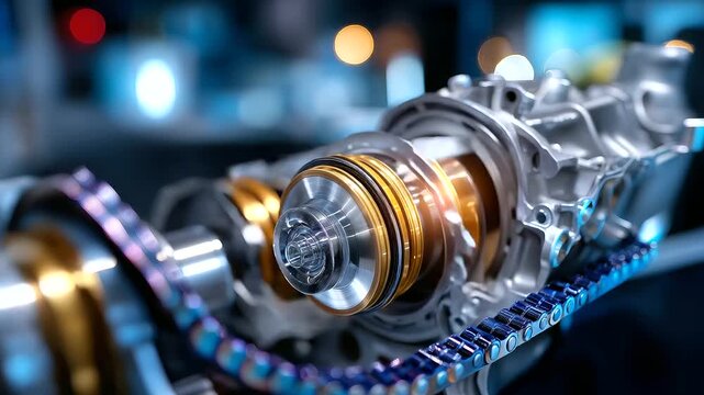 Four-cylinder cutaway view, high-performance engine, piston valve detail, timing belt assembly visible, internal mechanism exposure, mechanical engineering display, defocused compo