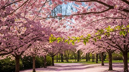 Fototapeta premium Vibrant Pink Cherry Blossom Alley with Falling Petals and Fresh Green Leaves.