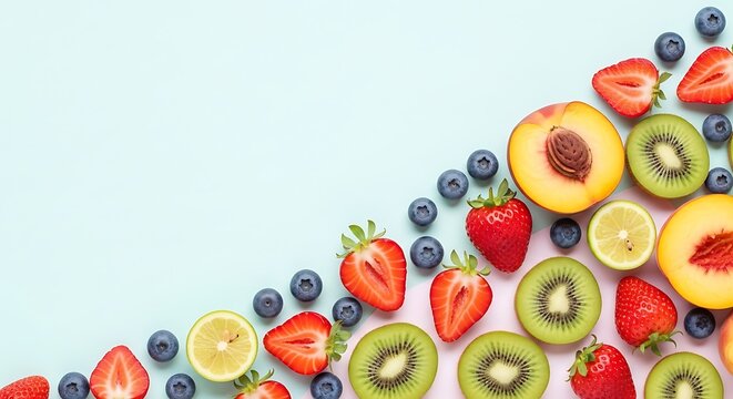 Pastel composition of assorted fruits, vibrant colors for a healthy diet