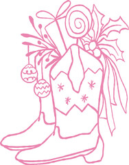 Hand-Drawn WhimsicalCowboy Boots with Holiday Ornaments Illustration