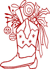 Hand-Drawn Whimsical Cowboy Boots with Christmas Elements