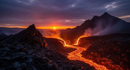 Fototapeta premium Spectacular Icelandic Volcanic Eruption at Sunset Showcasing Nature's Raw Power