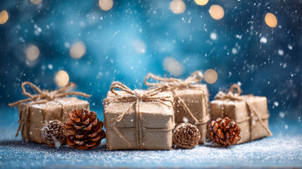 Gift boxes wrapped in brown kraft paper, pine cones and snowflakes christmas background.