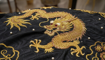 Stock photo close 202511242305 (1). Close up of golden chinese dragon embroidery with red eyes and pearls on black fabric, symbolizing asian culture and tradition.
