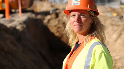 Focused construction worker in safety gear amidst a busy site. Blonde hair, determined gaze, hard hat, vest. Professional, safe, and engaged in construction.