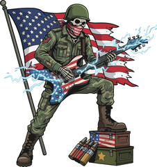 Obraz premium Patriotic Rocker Skeleton Soldier with American Flag and Electric Guitar Illustration