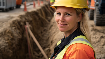 Confident female construction worker in a yellow hard hat smiles at the camera near a construction site. Empowering and skilled labor force with a positive attitude.