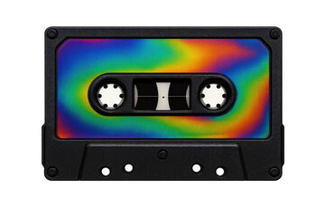 Naklejka premium Retro audio cassette tape featuring vibrant rainbow colors, representing vintage music, nostalgia, and 80s cultural sound