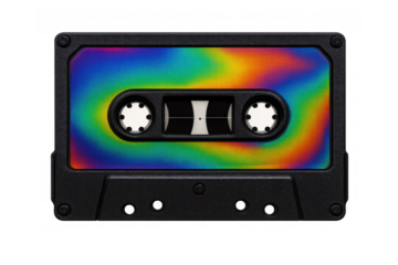 Retro audio cassette tape featuring vibrant rainbow colors, representing vintage music, nostalgia, and 80s cultural sound