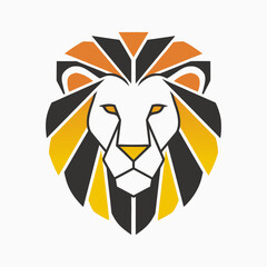 Geometric lion head illustration with a stylized mane in shades of orange, yellow, and black on a white background.