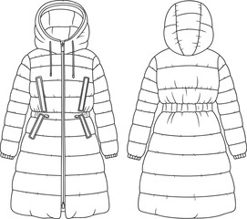 Padded Winter Coat with Hood Front and Back View Flat Fashion Sketch puffer coat padded coat © MdAbdur