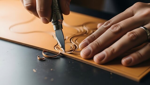 Intricate leatherwork process, cutting detail with precision instrument
