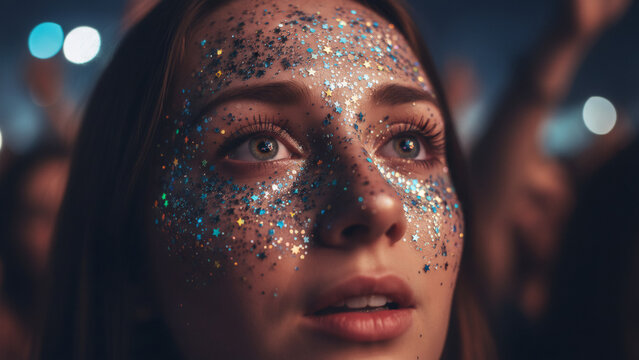 Woman with glitter makeup close-up. Face with sparkling stars and dots looking up. Party, festival, or concert concept. Stock photo close 202511242328.
