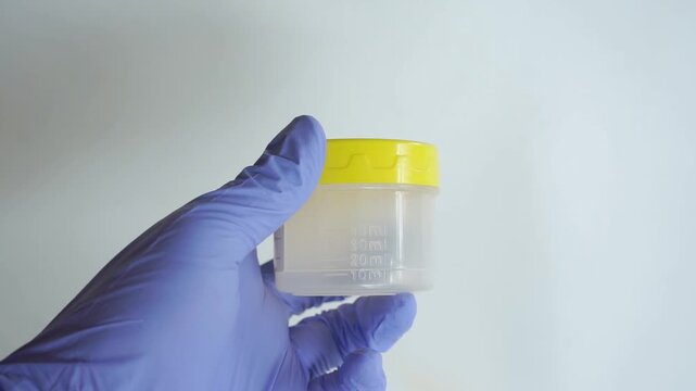 Nurse holding container with urine sample at table, closeup and space for text. Specimen collection