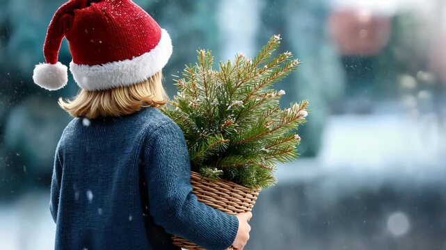 Child holds small Christmas tree while wearing Santa hat in winter scene with soft snowfall