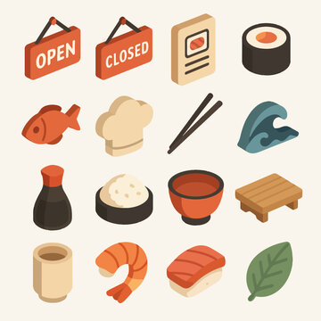 Isometric icons: sushi, fish, chopsticks, chef hat, ocean wave, signage