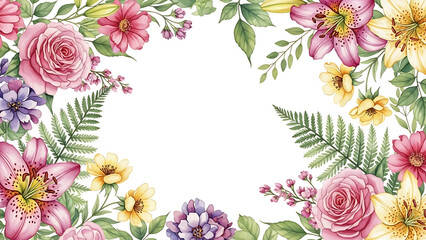 Watercolor floral frame with pink rose, lily, and fern leaves