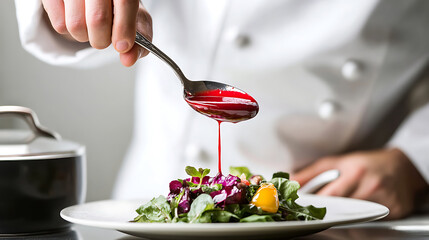 Chef delicately drizzles a vibrant red sauce over a fresh salad. The mix of greens, purple cabbage, and orange accents creates an appetizing and colorful culinary creation.
