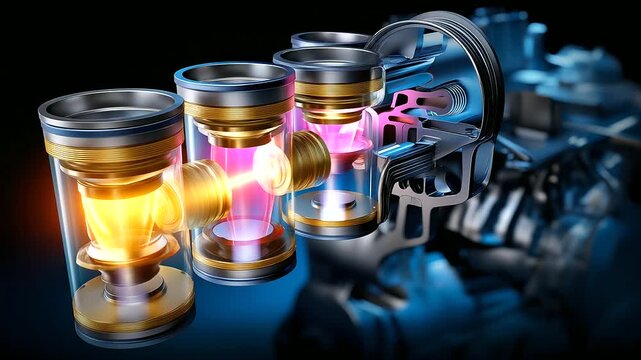 Four-cylinder cross-section, colored pistons visible, intricate component reveal, engineering precision showcase, mechanical detail emphasis, internal combustion anatomy, technical
