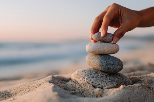 Team Building with Balancing Stones on Beach at Sunset, Hand Creating Harmony and