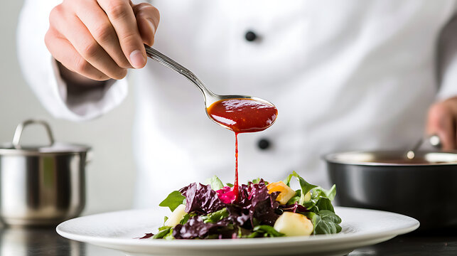 A chef dresses a vibrant salad with a rich, red sauce. Greens and white pear contrast with the sauce, creating an appetizing culinary display. Plated art.