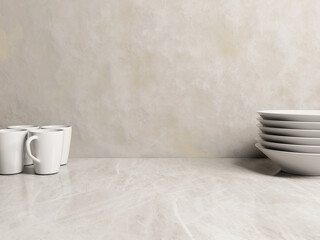 3D Render Empty Marble Countertop with Dinnerware, Minimalist Kitchen Counter Mockup with Dinnerware and Mugs