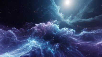 A vibrant, glowing purplish-blue nebula with scattered stars against a deep black cosmic background. - Powered by Adobe