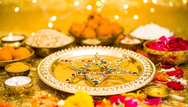 A dazzling assortment of golden serving dishes laden with celebratory treats, illuminated by candlelight and twinkling string lights