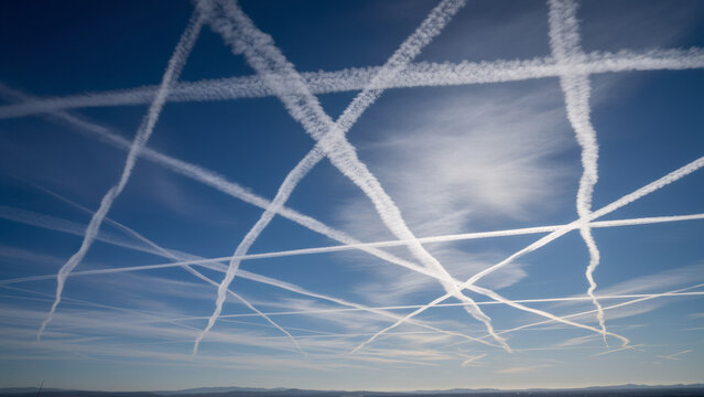 Chemtrails crisscrossing blue sky, forming intricate patterns. Conspiracy theory concept. Climate engineering and geoengineering over earth.