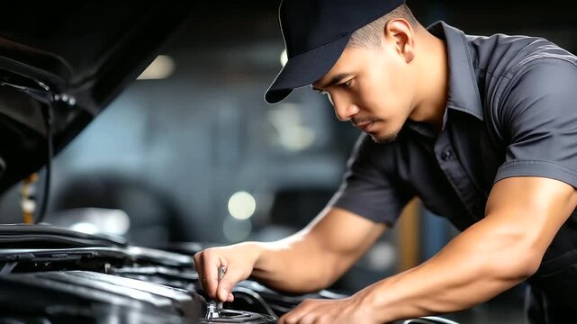 Engine inspection process, mechanic performing service, maintenance procedure active, automotive care moment, professional technician working, diagnostic checking, faceless service