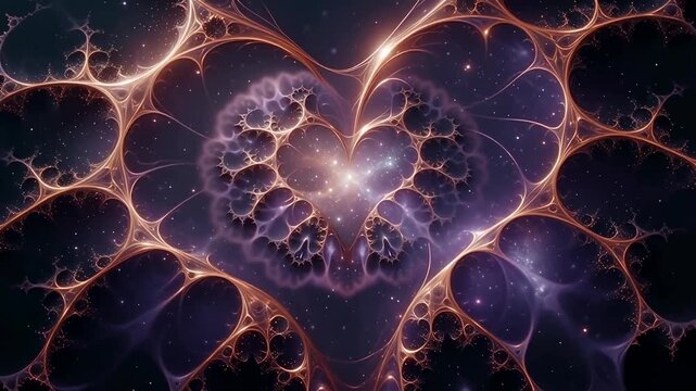 A glowing, intricate, heart-shaped fractal pattern resembling a nebula in deep space with stars.