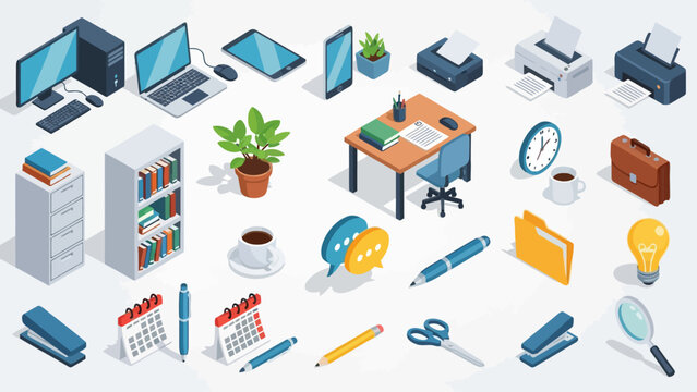 Isometric vector icons of office equipment technology and supplies on a white background