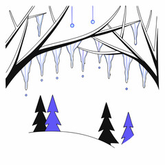 Winter Landscape with Trees and Icicles Illustration.