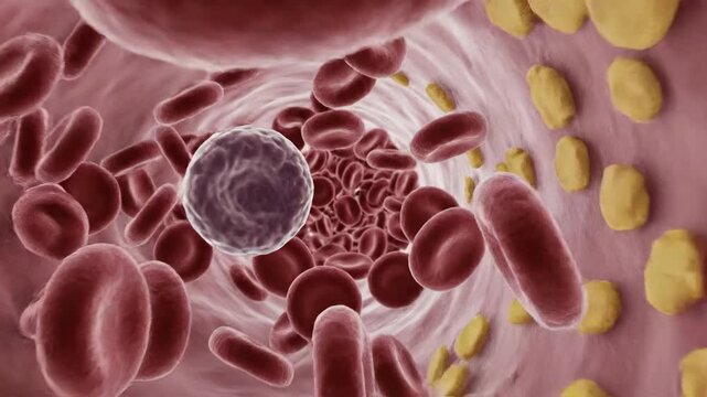 Bloodstream animation illustrating red blood cells and leukocyte in motion